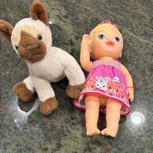 Hasbro Baby Doll in Bright Pink Dress with Plush Cream-and-Brown Cat